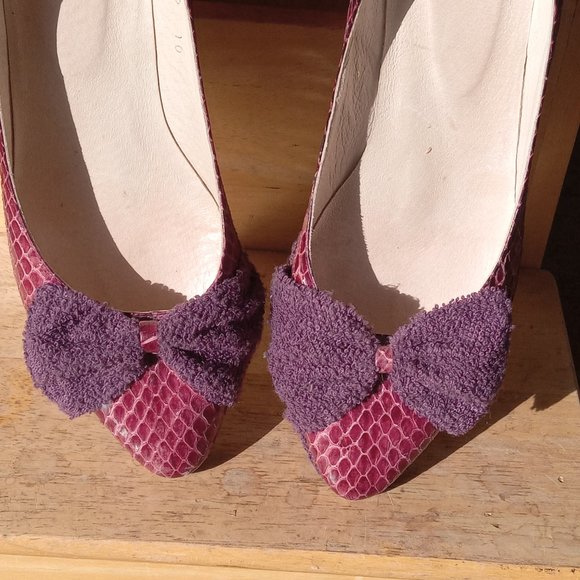 Purple leather snake skin and fabric bow platforms - Picture 4 of 9